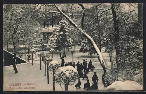 AK Dresden, Verschneite Partie im Gondelhafen