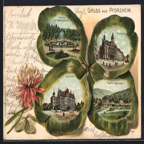 Passepartout-Lithographie Pforzheim, Kleeblatt mit Blüte, Saalbau, Kupferhammer