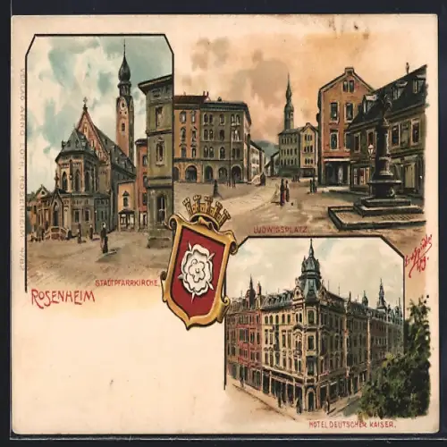 Künstler-AK Erwin Spindler: Rosenheim, Hotel Deutscher Kaiser und Ludwigsplatz mit Stadtpfarrkirche
