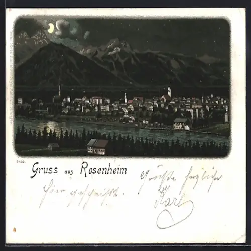 Lithographie Rosenheim, Panorama mt Gebirge