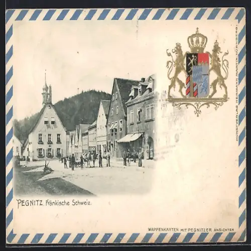 AK Pegnitz /Fränkische Schweiz, Partie auf dem Marktplatz mit geprägtem Wappen