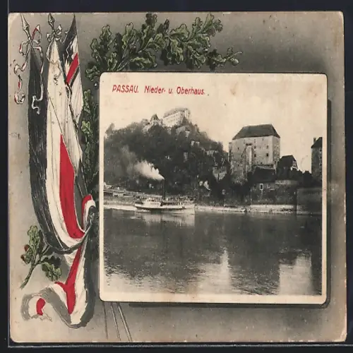 AK Passau, Nieder u. Oberhaus, Flusspartie mit Dampfer, Passepartout mit Reichsflagge