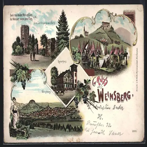 Lithographie Weinsberg, Kernerhaus, Turm mit Eingang der Burg