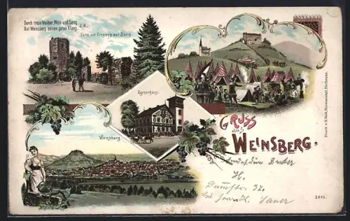 Lithographie Weinsberg, Kernerhaus, Turm mit Eingang der Burg
