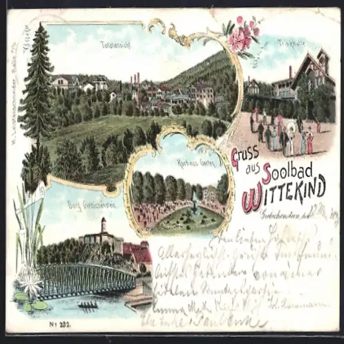Lithographie Giebichenstein, Totalansicht mit Trinkhalle, Soolbad Wittekind, Kurhaus, Burg
