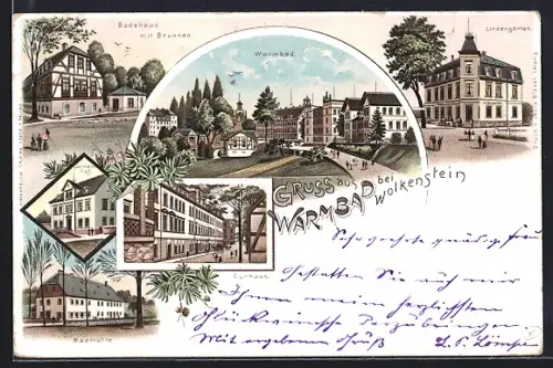 Lithographie Wolkenstein, Lindengarten, Curhaus, Lärchenhof, Badmühle