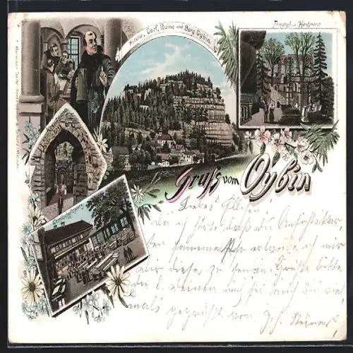 Lithographie Oybin, Kirche, Dorf, Ruine und Berg, Gasthaus