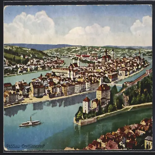 AK Passau, Totalansicht der Dreiflüssestadt
