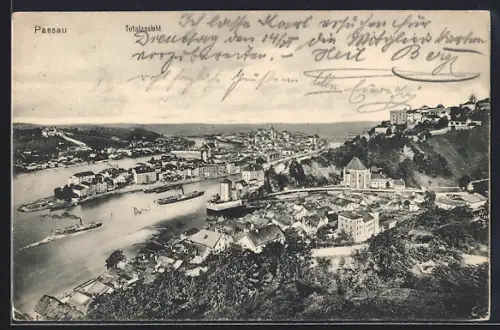 AK Passau, Totalansicht mit Dampfern und Panorama