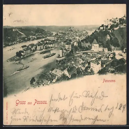 AK Passau, Totalansicht mit Dampfern und Panorama