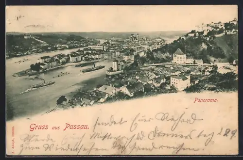 AK Passau, Totalansicht mit Dampfern und Panorama