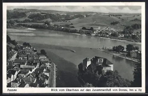 AK Passau, Blick vom Oberhaus auf den Zusammenfluss von Donau, Inn u. Ilz