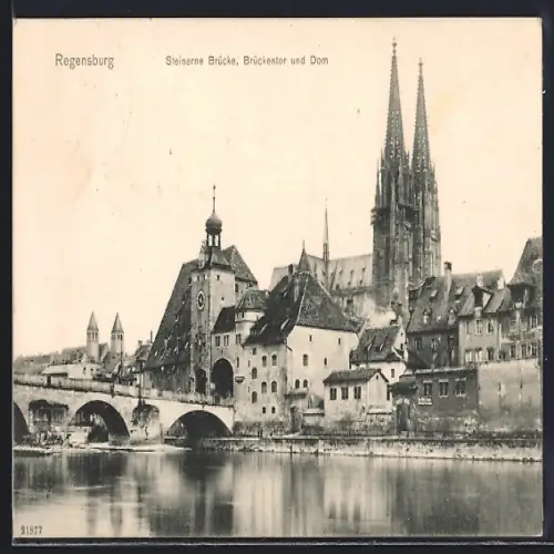 AK Regensburg, Steinerne Brücke, Brückentor und Dom