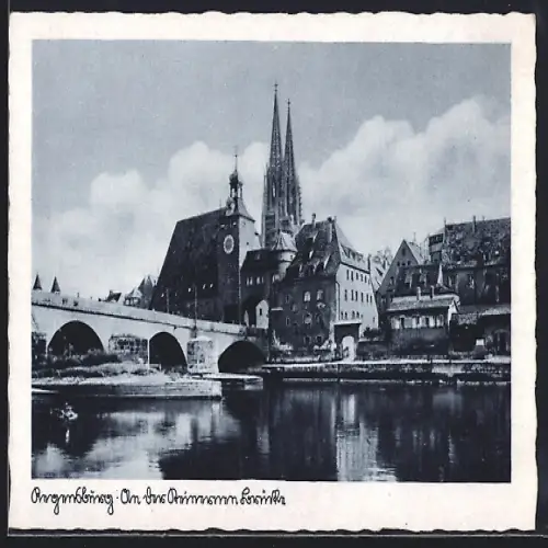 AK Regensburg, Flusspartie mit steinerner Brücke und Dom