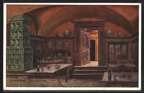 Künstler-AK Rothenburg / Tauber, Alttdeutscher Weinkeller Meistertrunk, Innenansicht