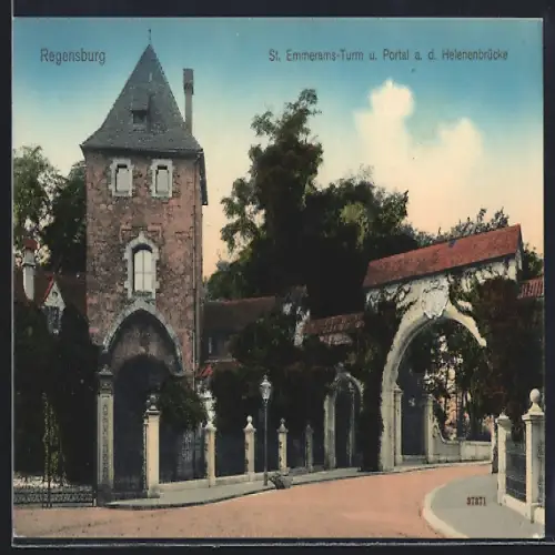 AK Regensburg, St. Emmerams-Turm u. Portal a. d. Helenenbrücke