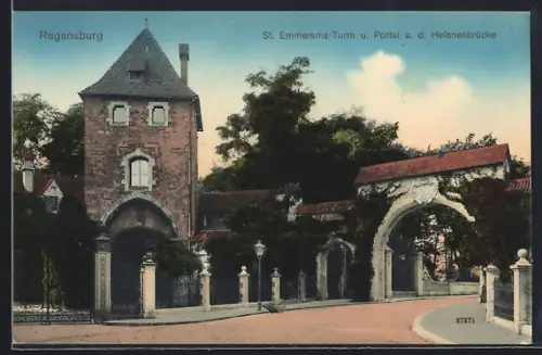 AK Regensburg, St. Emmerams-Turm u. Portal a. d. Helenenbrücke