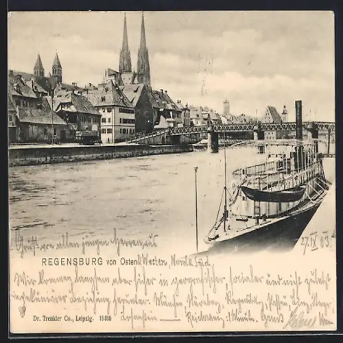 AK Regensburg, Flusspartie mit Stadtansicht von Osten