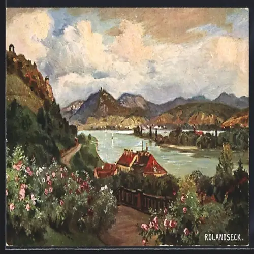 Künstler-AK Rolandseck, Ortsansicht mit dem Rhein