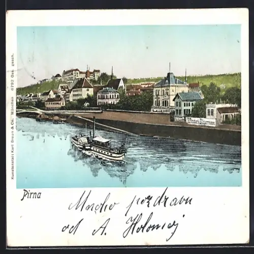 Lithographie Pirna, Flusspartie mit Ortschaft