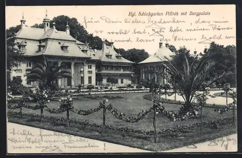 AK Dresden-Pillnitz, Schlossgarten mit Bergpalais