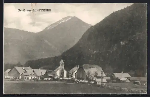 AK Hintersee, Ortsansicht mit den Bergen dahinter