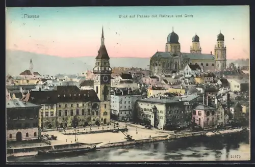 AK Passau, Blick auf Passau mit Rathaus und Dom