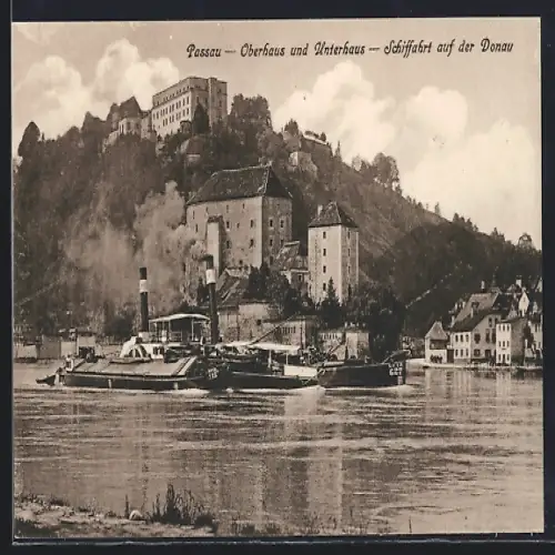 AK Passau, Oberhaus und Unterhaus mit Schifffahrt auf der Donau