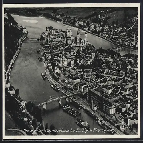 AK Passau, Die Drei Flüsse Stadt vom Flugzeug aus