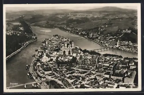 AK Passau, Ortsansicht mit Donau und Inn