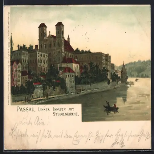 Lithographie Passau, linkes Innufer mit Studienkirche
