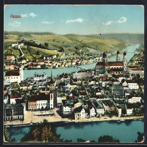 AK Passau, Ortsansicht mit Donau und Inn