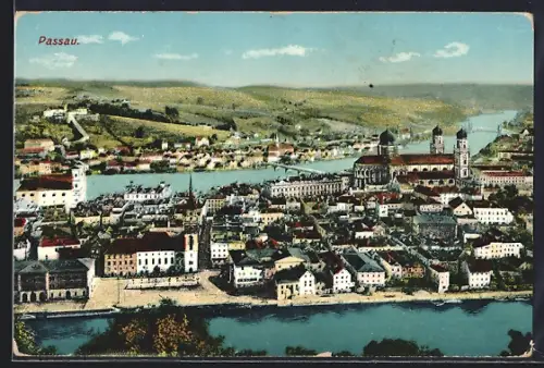 AK Passau, Ortsansicht mit Donau und Inn