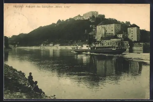 AK Passau, Ankunft des Dampfers Wien-Linz