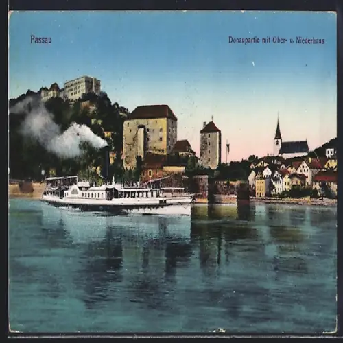 AK Passau, Donaupartie mit Ober- u. Niederhaus