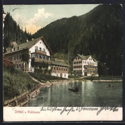 AK Urfeld / Walchensee, Der Walchensee mit Ruderbooten und Blick zum Hotel Jäger am See