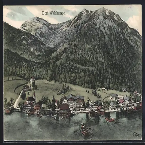 AK Walchensee, Ortsansicht mit Berglandschaft