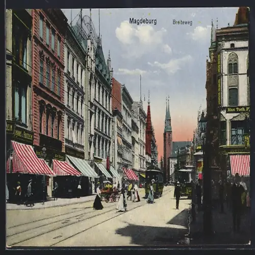 AK Magdeburg, Strasse Breiteweg mit Geschäften, Kirche und Strassenbahn