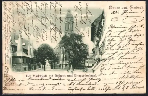 AK Einbeck, Marktplatz mit Rathaus und Kriegerdenkmal