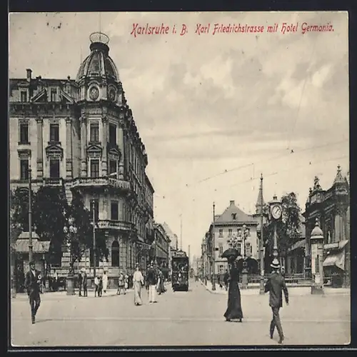 AK Karlsruhe i. B., Karl Friedrichstrasse mit Hotel Germania und Strassenbahn