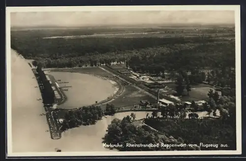 AK Karlsruhe, Rheinstrandbad Rappenwört vom Flugzeug aus