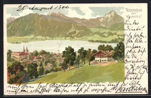 Lithographie Tegernsee, Seeansicht mit Westernhof