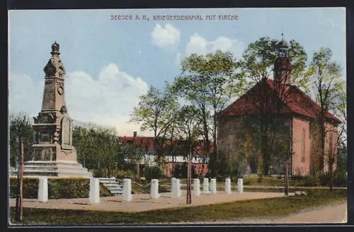 AK Seesen a. H., Kriegerdenkmal mit Kirche