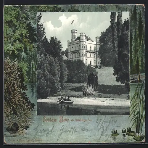 Lithographie Berg am Starnberger See, Schloss Berg, Uferlandschaft, Passepartout