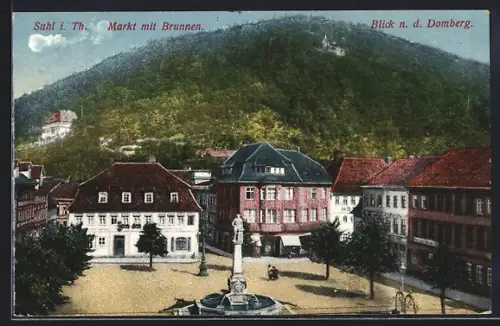 AK Suhl, Markt mit Brunnen und Blick n. Domberg