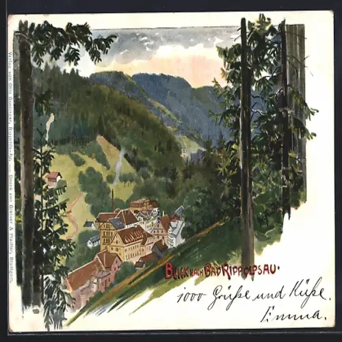 Lithographie Bad Rippoldsau, Teilansicht mit Bäumen