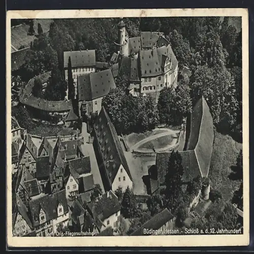 AK Büdingen /Hessen, Schloss aus dem 12. Jahrhundert, Fliegeraufnahme