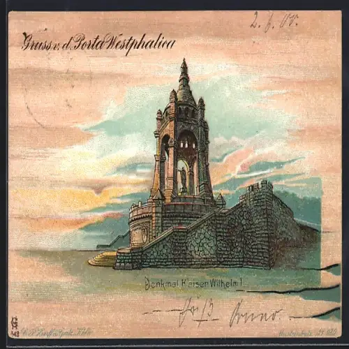 Lithographie Porta Westphalica, Denkmal Kaiser Wilhelm I.