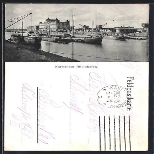 AK Karlsruhe, Der Rheinhafen mit Schiffen