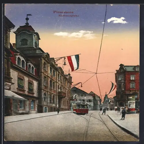 AK Pirmasens, Strassenbahn am Rathausplatz, Hotel Breith